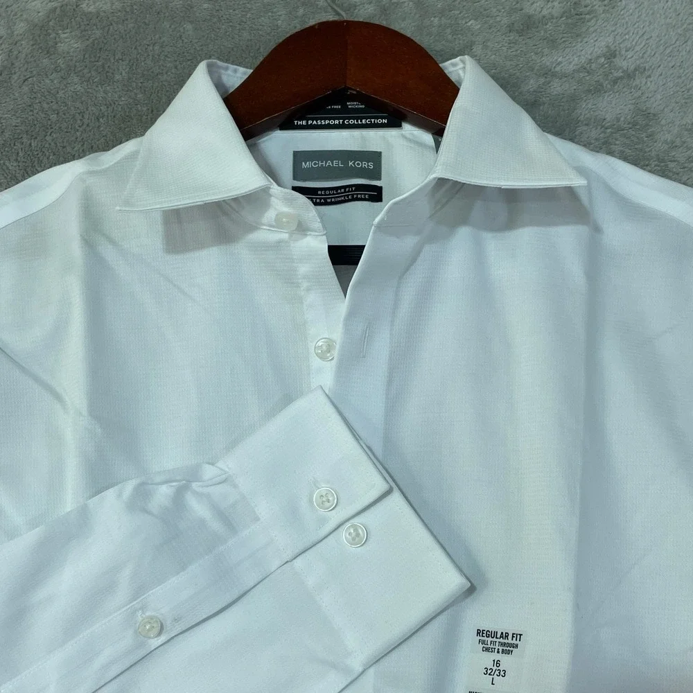 NWT Michael Kors Men's L 16 32-33 White Passport Regular Fit Dress Shirt